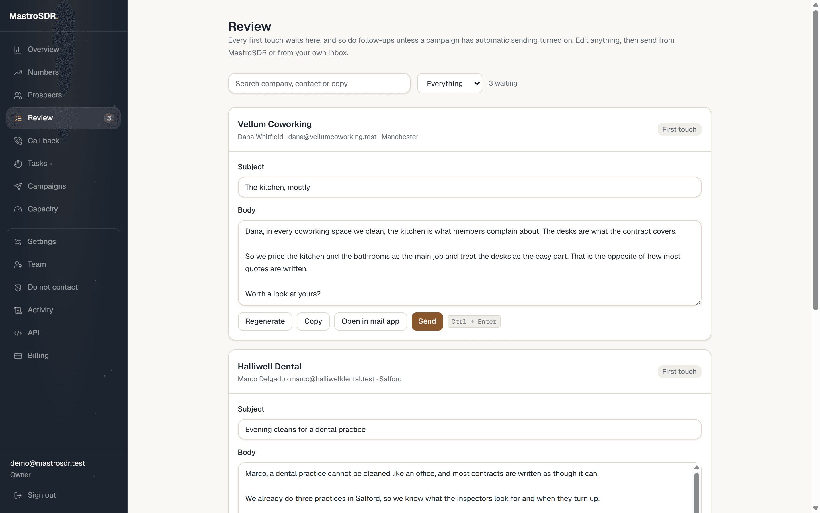 The Review screen, showing three drafted first emails to a coworking space, a dental practice and a property group, each editable before it sends.